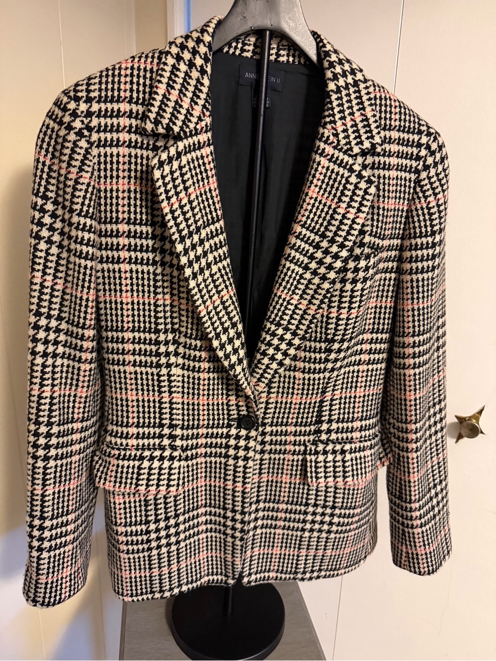 Anne Klein Black Cream Glen Plaid Blazer with Pink Windowpane